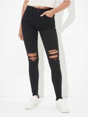 American Eagle Curvy Super Hi-Rise Jegging Dream Jean Black Distressed Size 2